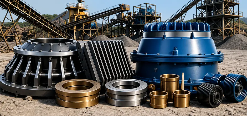 Cone crusher mantle and concave, jaw plates, bronze bushes and pulleys at a working crushing plant