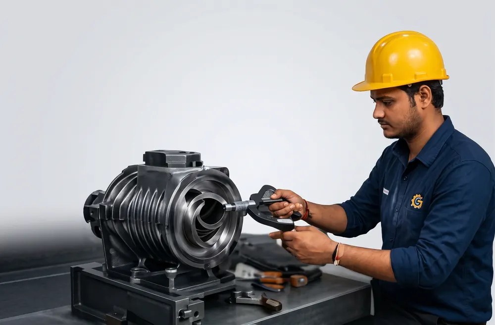 SRMD technician checking a machined casting with a micrometer before dispatch